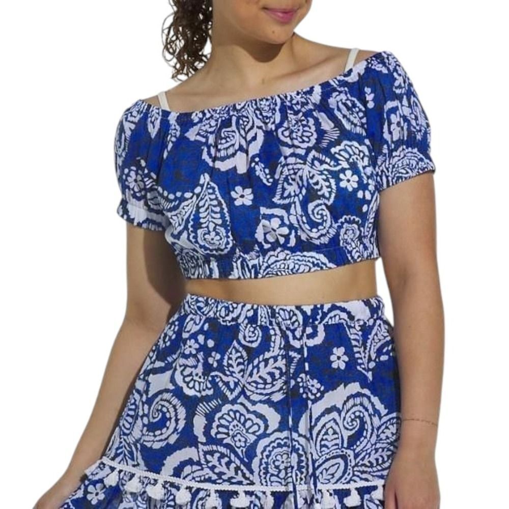 Dotti Crop Top‎ Paisley Swim Cover up XS Blue/White